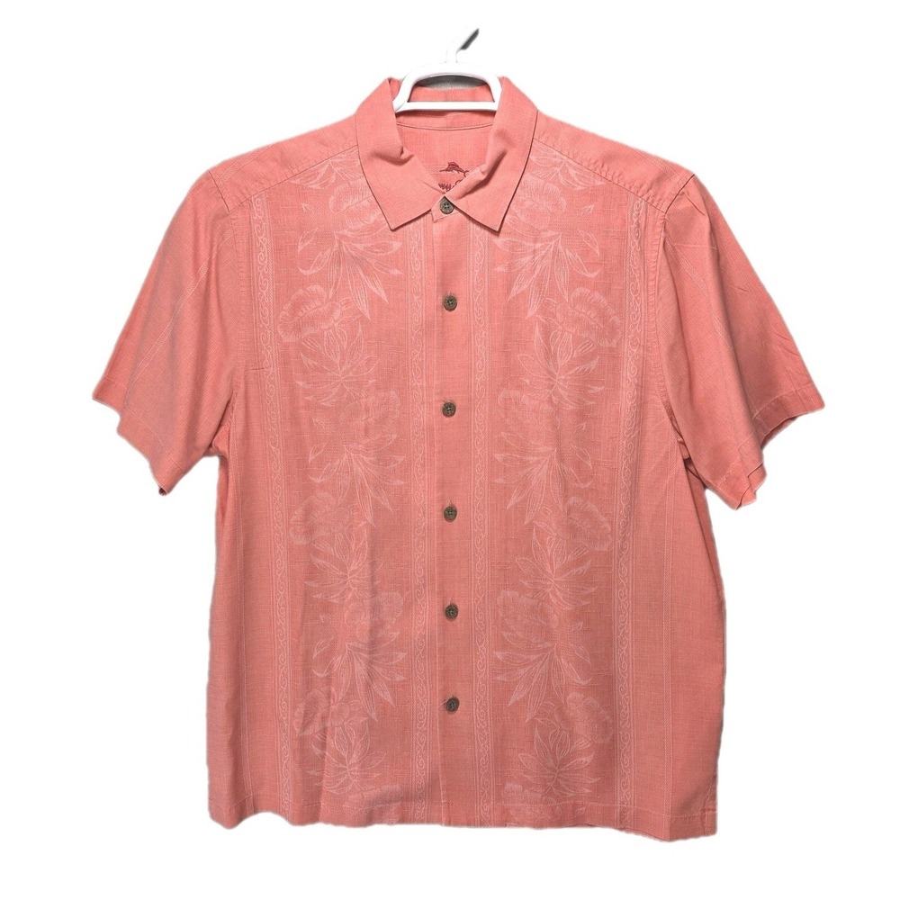 Tommy Bahama Hawaiian Silk Shirt‎ Mens L Pink Floral Beach Cruise Leaf Print